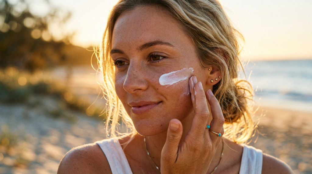 Woman applying sunscreen to her cheek on a beach at sunset