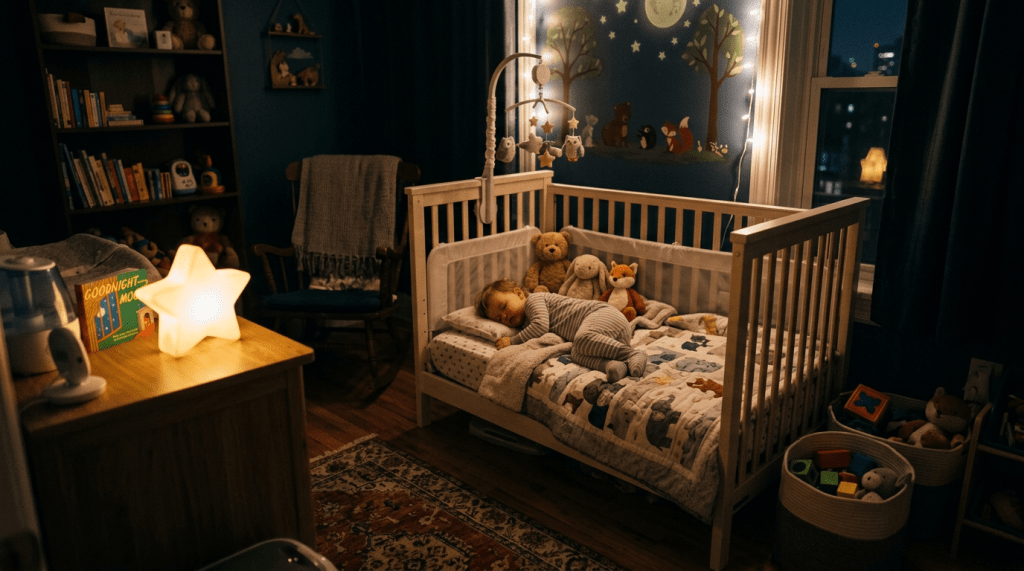 Toddler bedroom at night with glowing nightlight