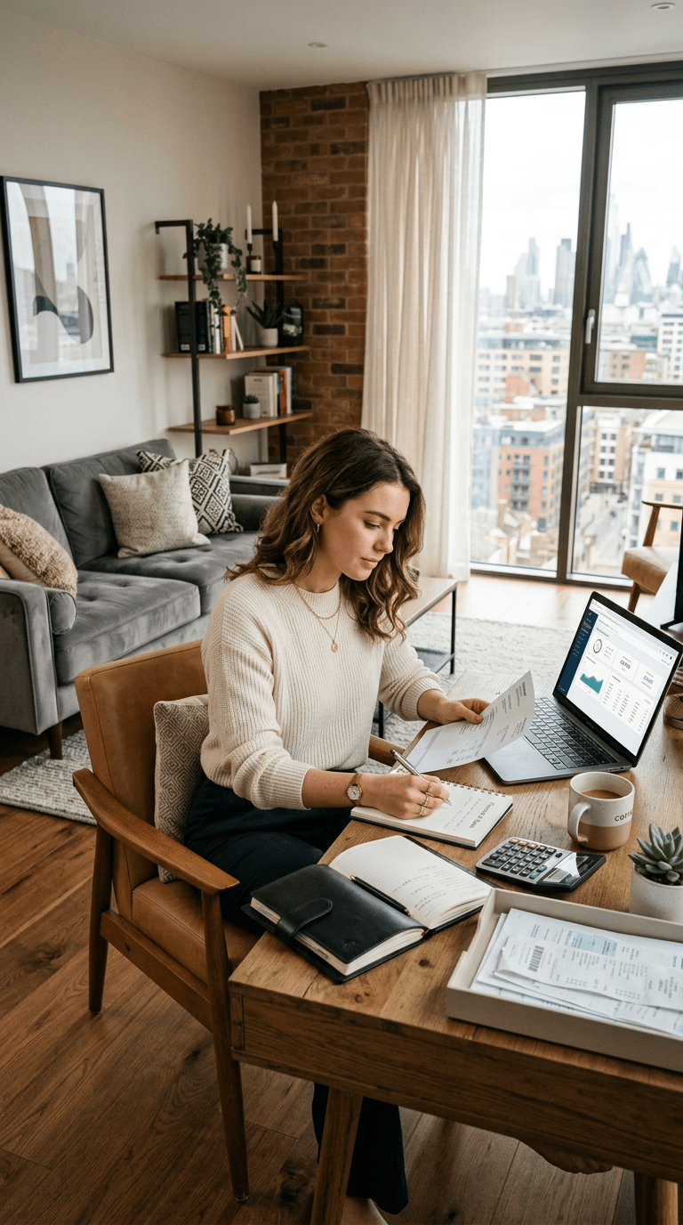 Woman managing finances in stylish apartment