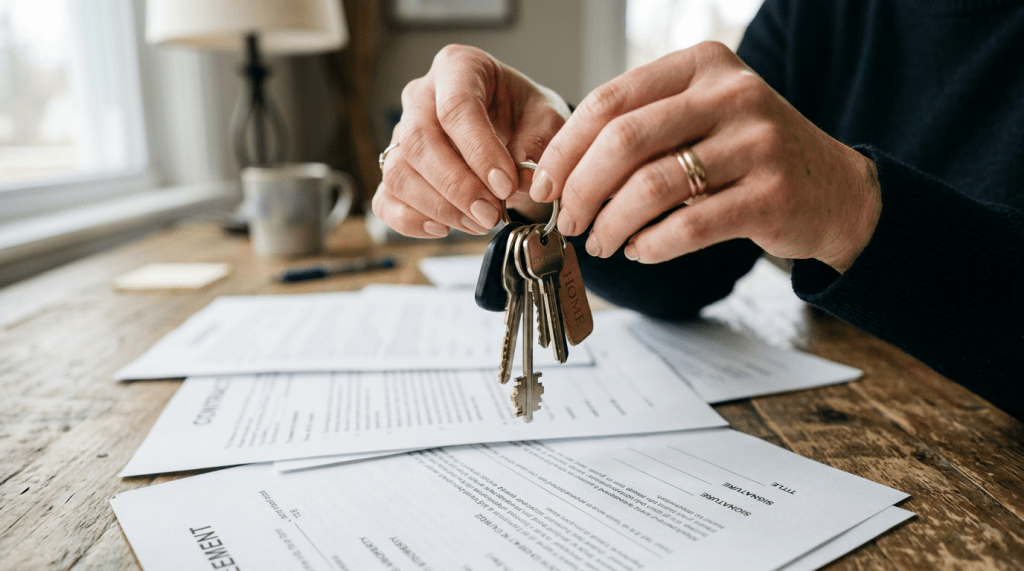 Female hands holding keys above blurred documents