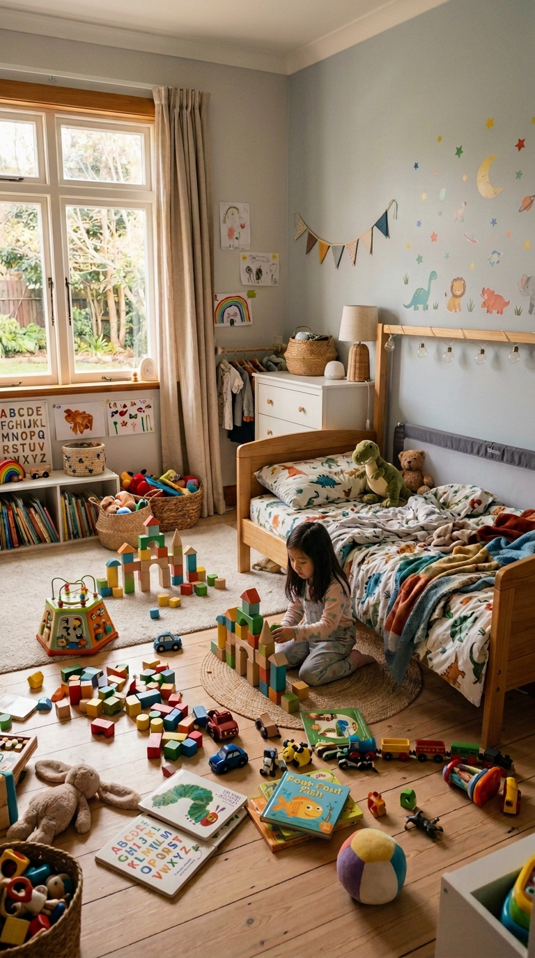 Toddler bedroom with wooden bed, dinosaur bedding, toys, books, and wall decorations