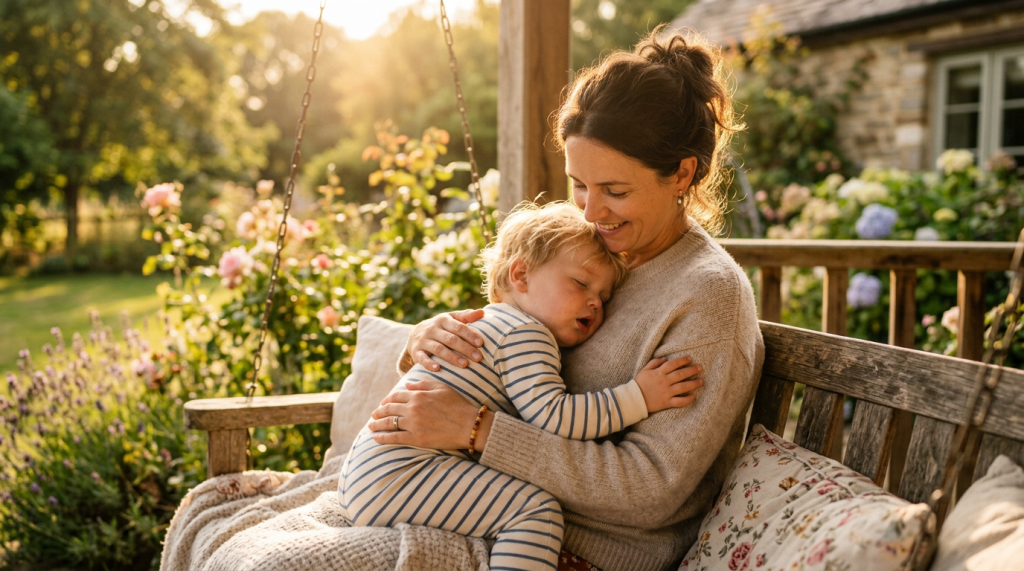 Mother holding a sleeping toddler in striped pajamas on a wooden bench outdoors