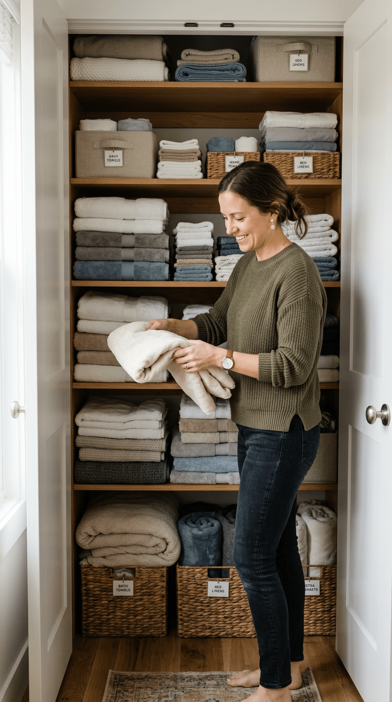Woman organizing towels in linen closet