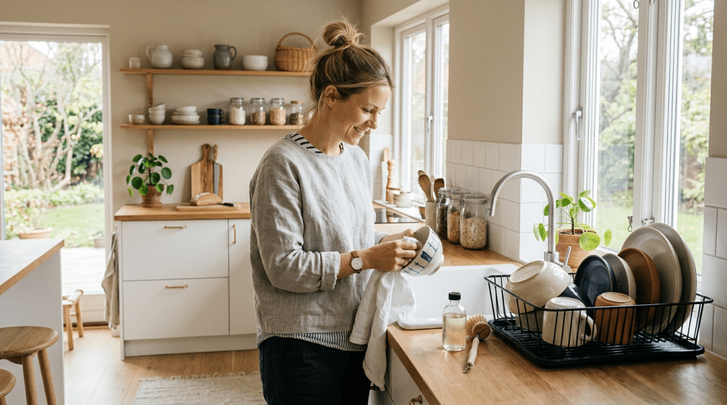 Woman drying ceramic dishes in Scandinavian kitchen