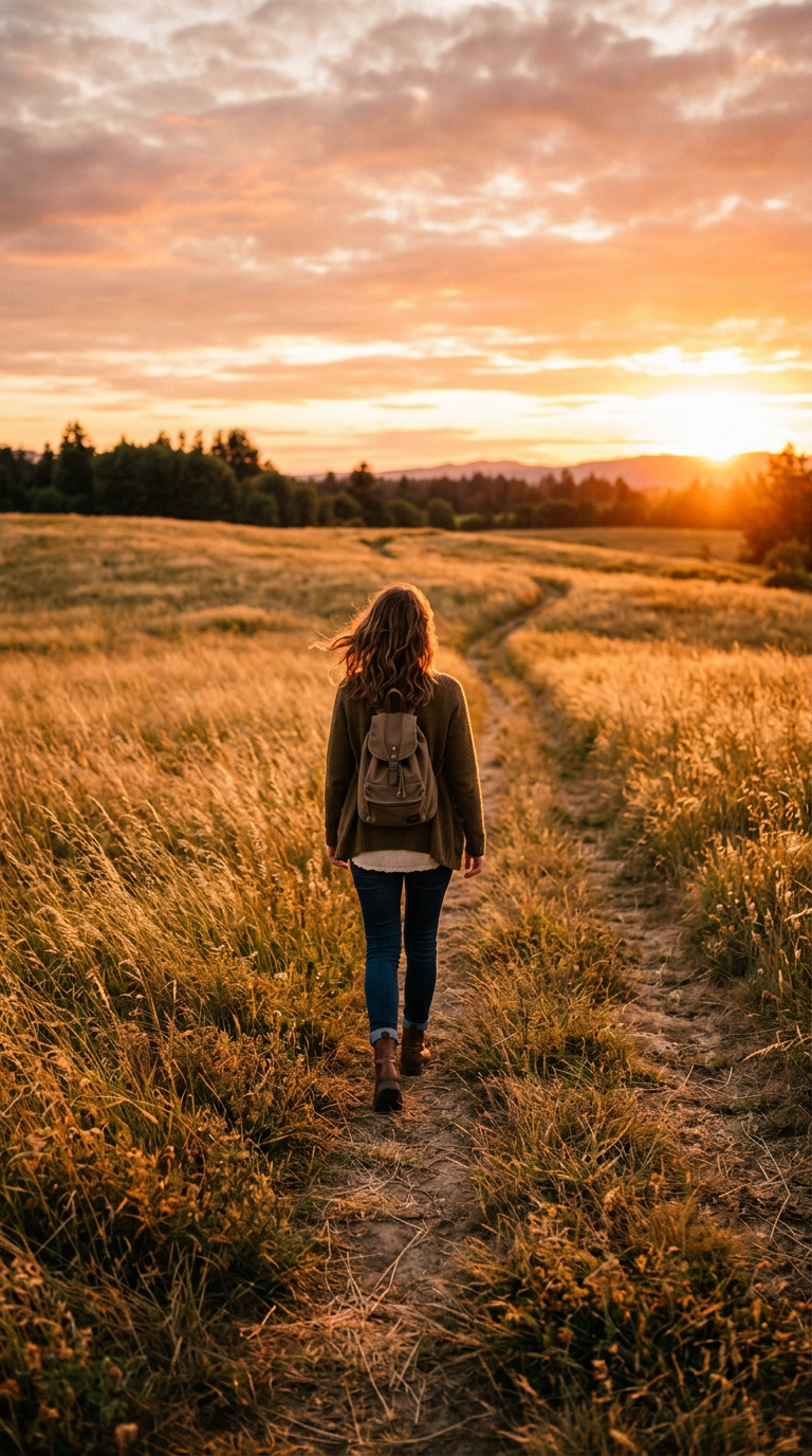 Person walking on dirt path in grassy field during sunset