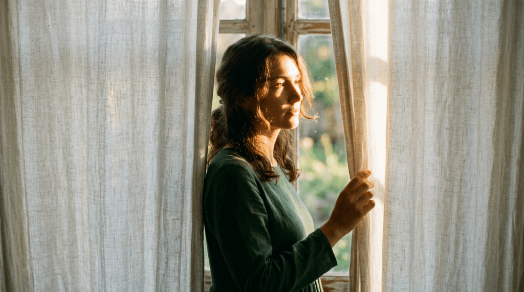 Woman standing by window, gently holding curtain, looking outside