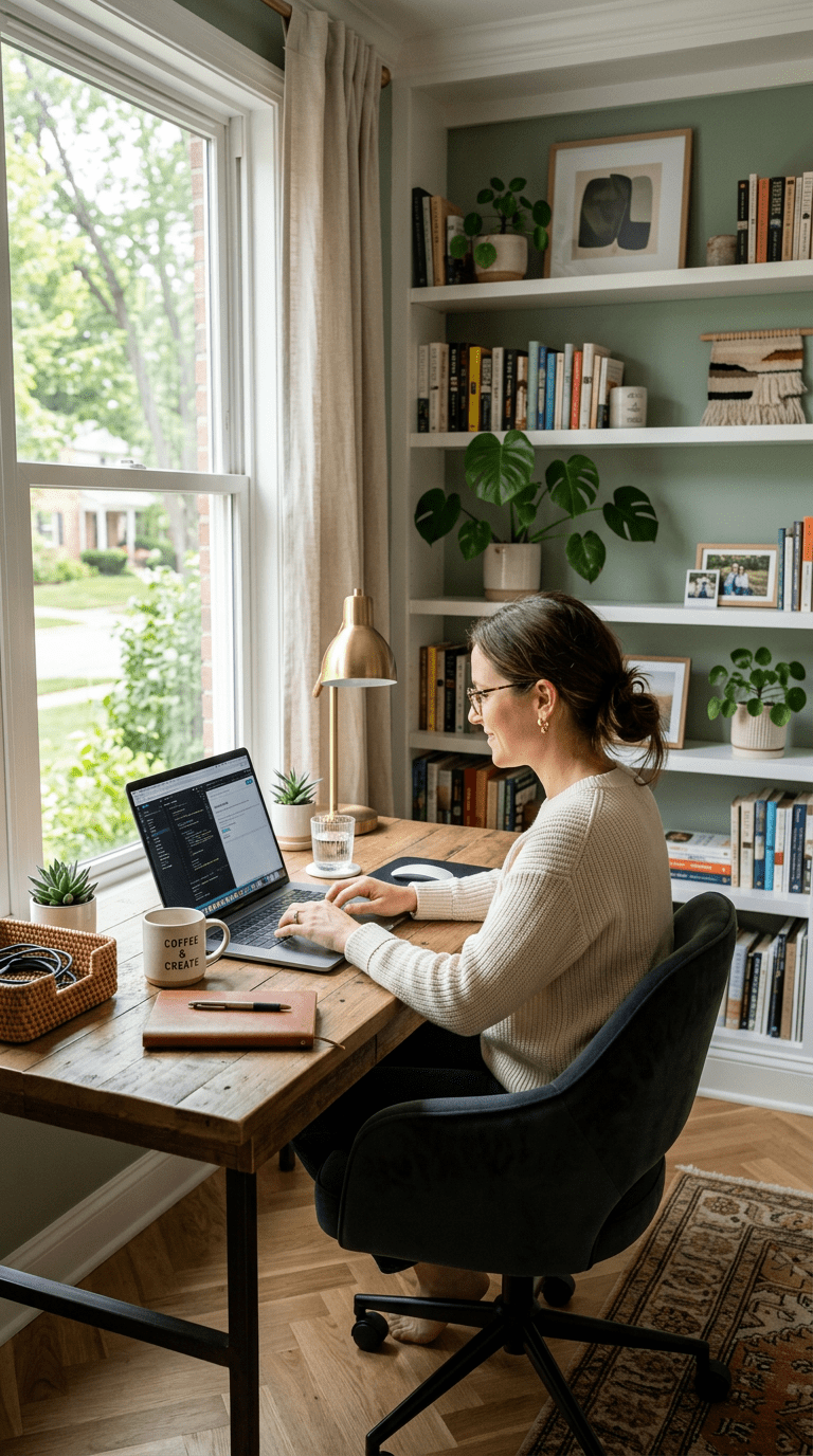 Woman sitting at a wooden desk typing on a laptop near a window in a home office