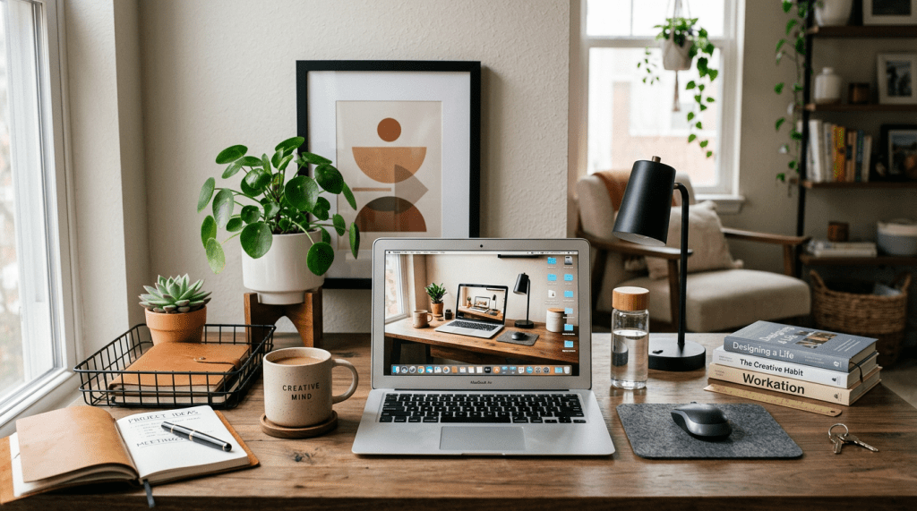 Home office desk with laptop, plants, coffee mug, books, and desk lamp
