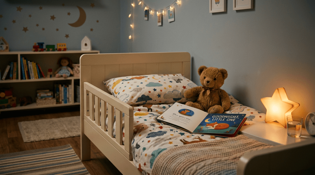 Child's bed with teddy bear, open book titled 'Goodnight, Little One,' star-shaped nightlight, and bedside items