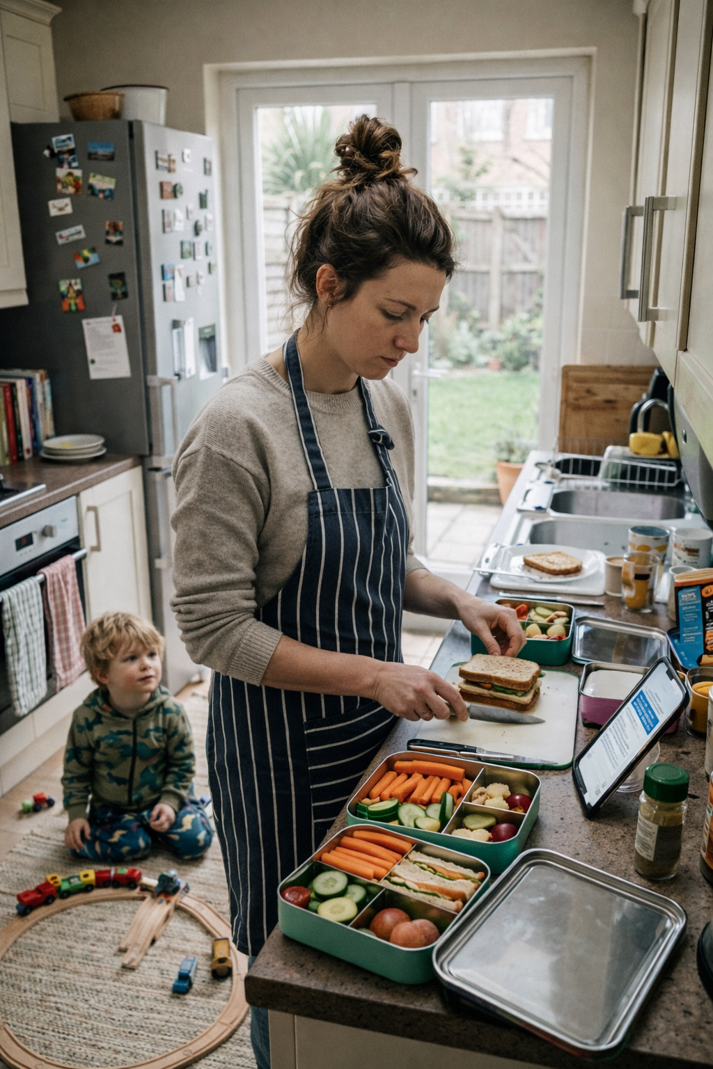 Mother making packed lunches with sandwiches, vegetables, and fruit while child plays with toy train on floor