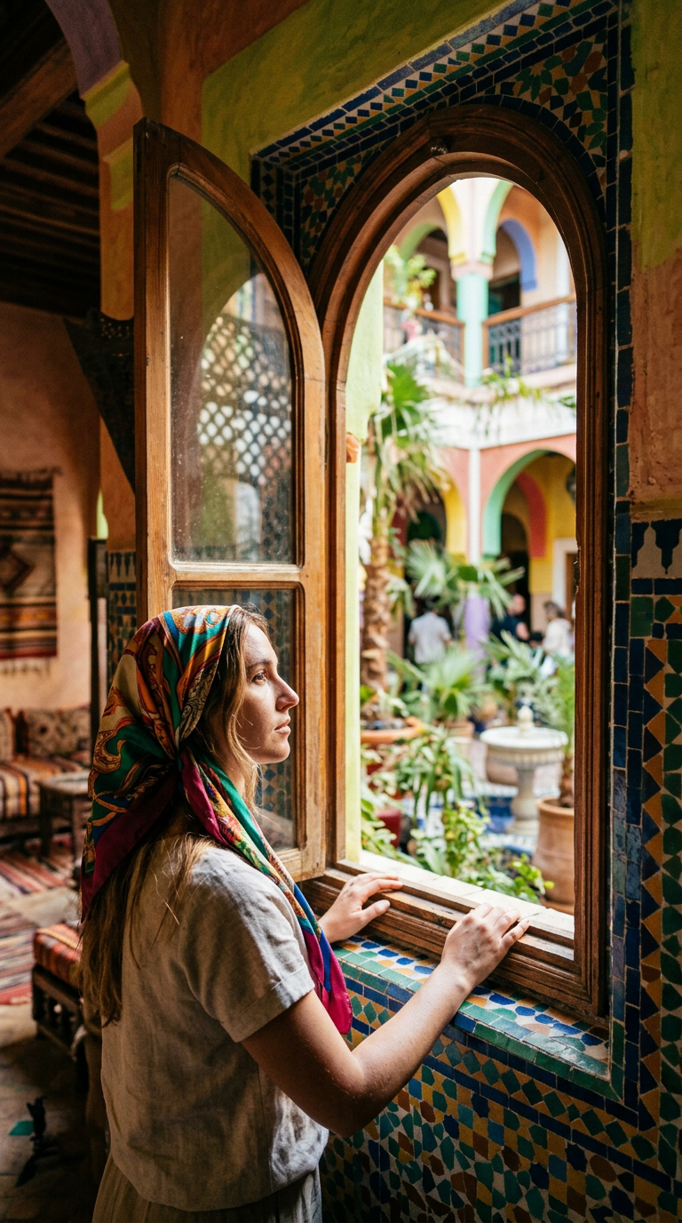 Woman with colorful headscarf gazing out a decorative arched window at a Moroccan courtyard