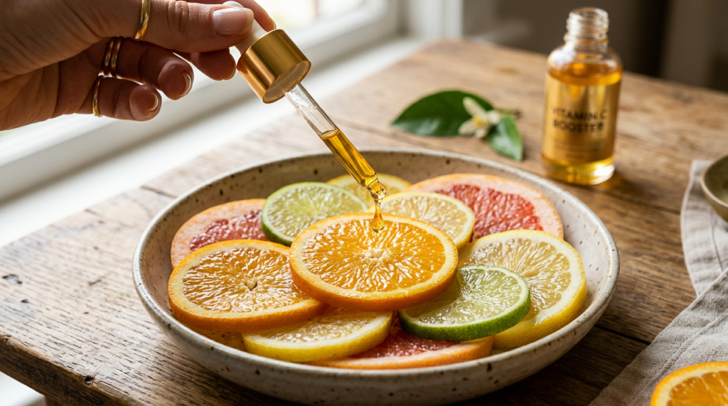 Golden serum dropper above citrus slices