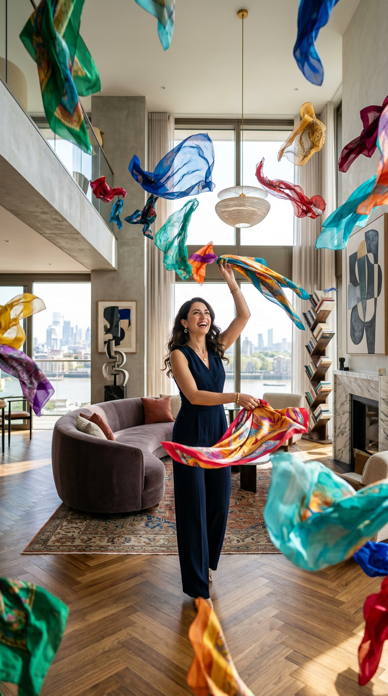Woman in dark outfit tossing vibrant scarves floating around inside a stylish living room