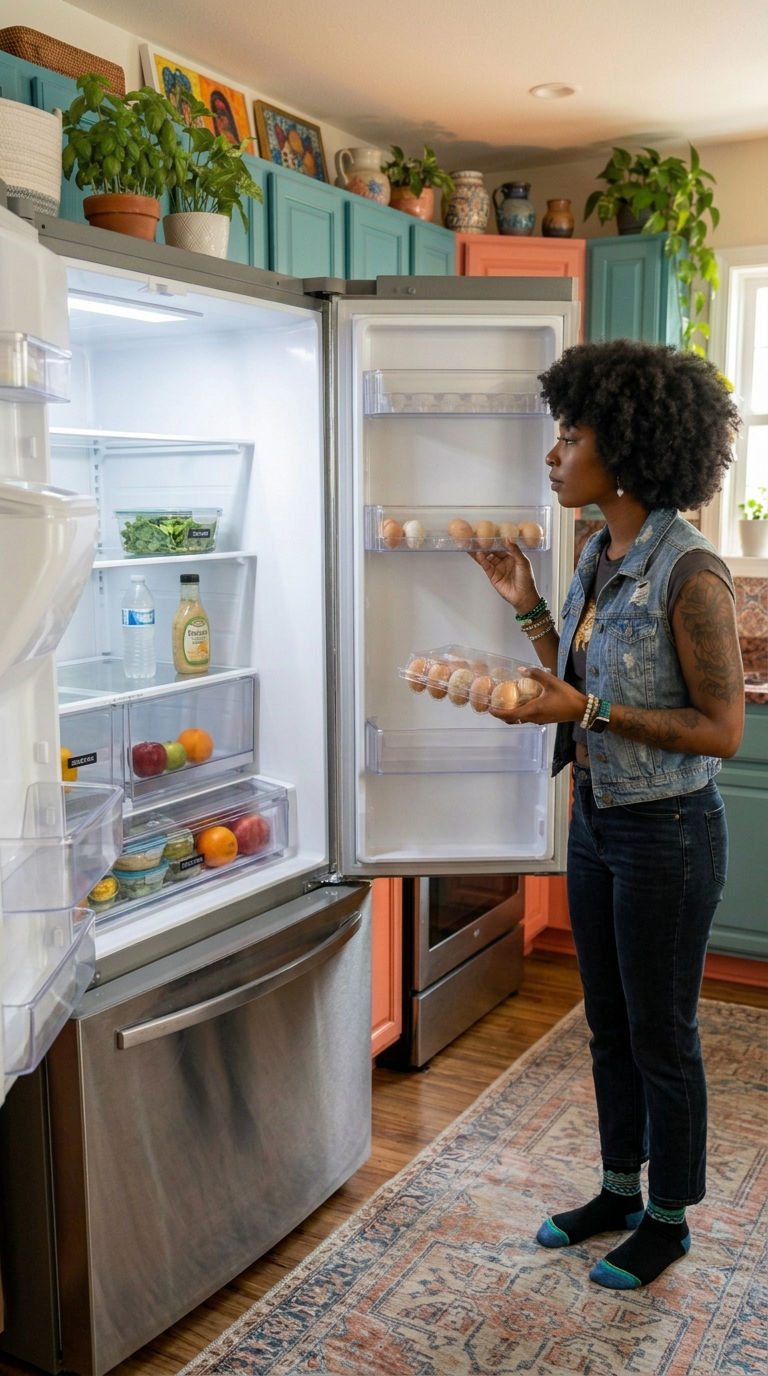 Woman holding an egg standing in front of an open refrigerator filled with fresh fruits, vegetables, condiments, and beverages