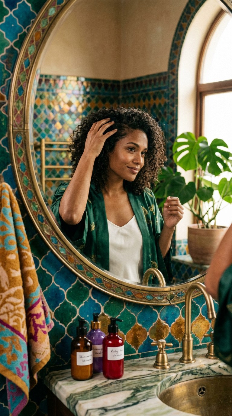 Woman touching her curly hair while looking in bathroom mirror with mosaic tiles