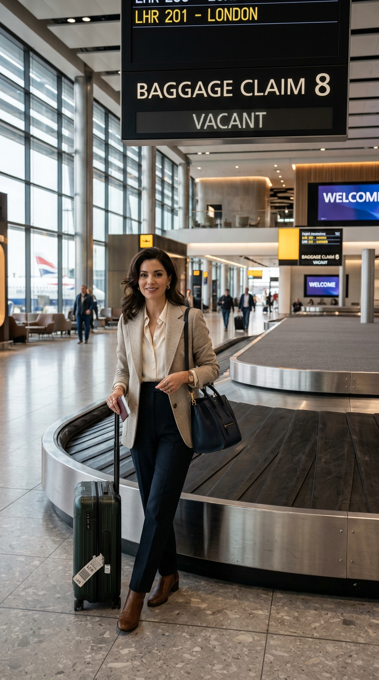 Traveler with suitcase beside Baggage Claim 8, marked VACANT, for LHR 201 London