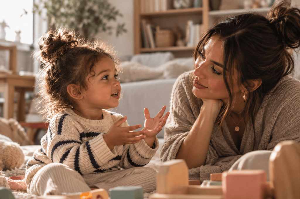 Kind spricht mit Mutter